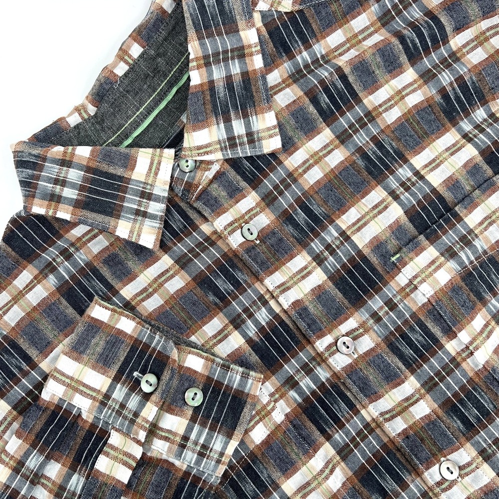 CARBON 2 COBALT Mens M Brown/Black Plaid Linen-Blend Long-Sleeve Button-Up Shirt